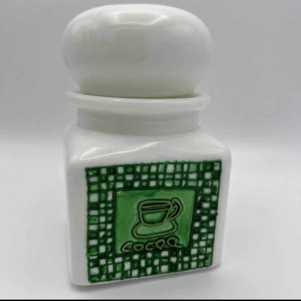 Vintage Milk glass Hot Cocoa Canister With Lid And Green Label